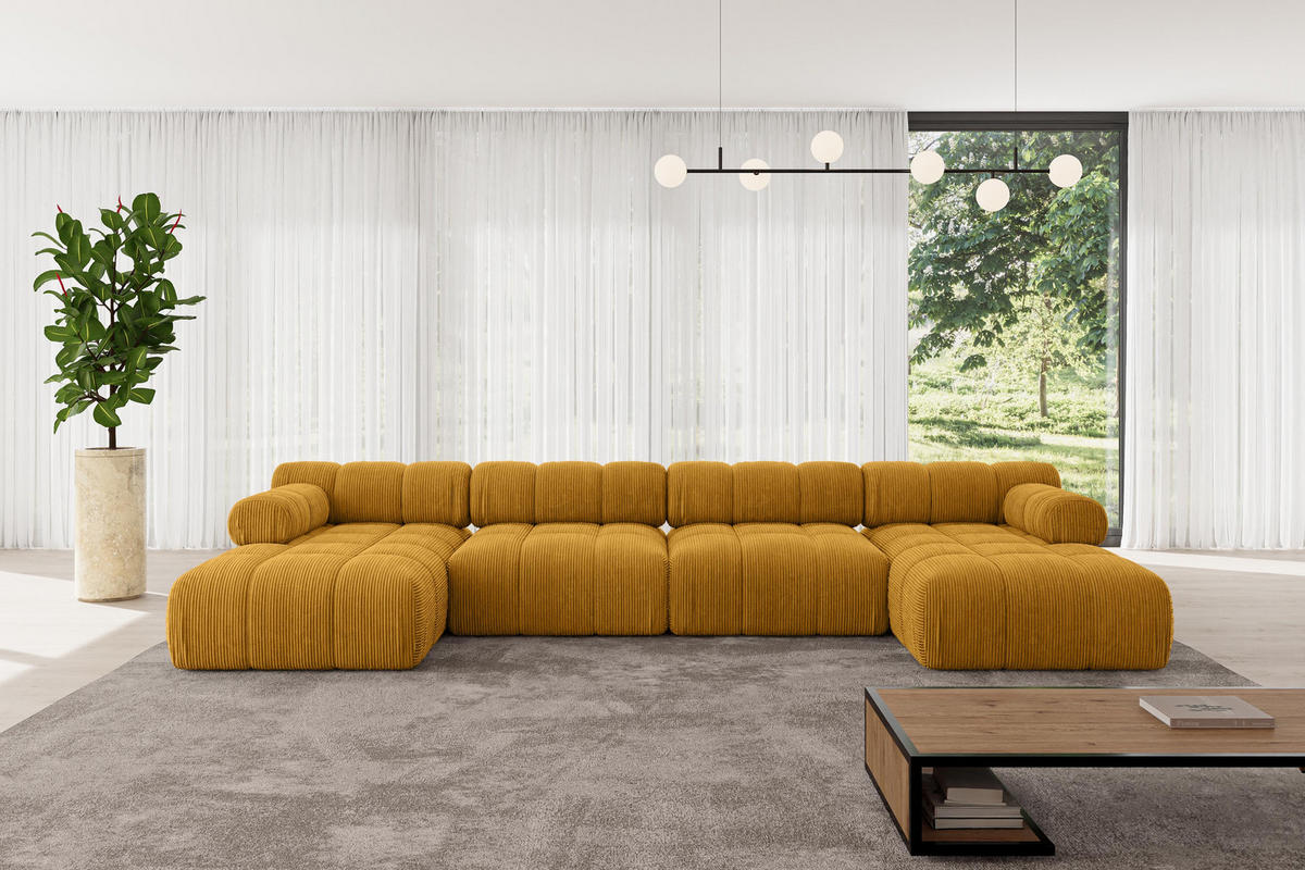 WOHNLANDSCHAFT modulares Sofa Tesso-U2 - 380x160x70 cm Senfgelb Cord - Currygelb, Holzwerkstoff/Textil (380/70/160cm) - ALTDECOR