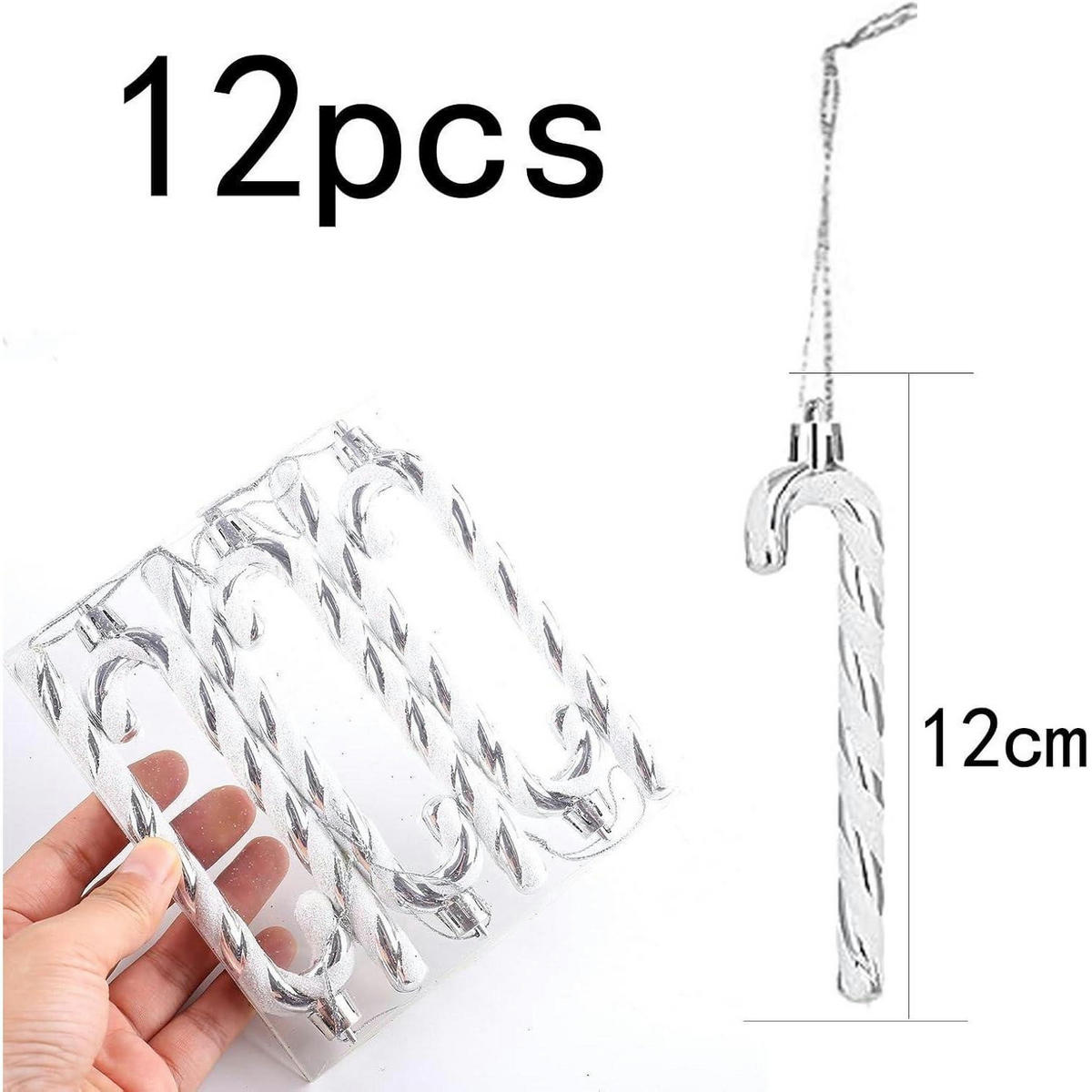 WEIHNACHTSBAUMSCHMUCK 12-teiliges Set Zuckerstangen Anhänger Weiß-Silber - Silberfarben, Kunststoff (3/1/13cm)