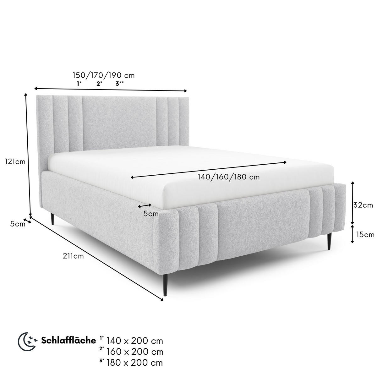 POLSTERBETT RIVIO LEG mit Beinen Bettkasten Lattenrost 180x200 Grau - Grau, Holz (180/200cm) - Furnistar
