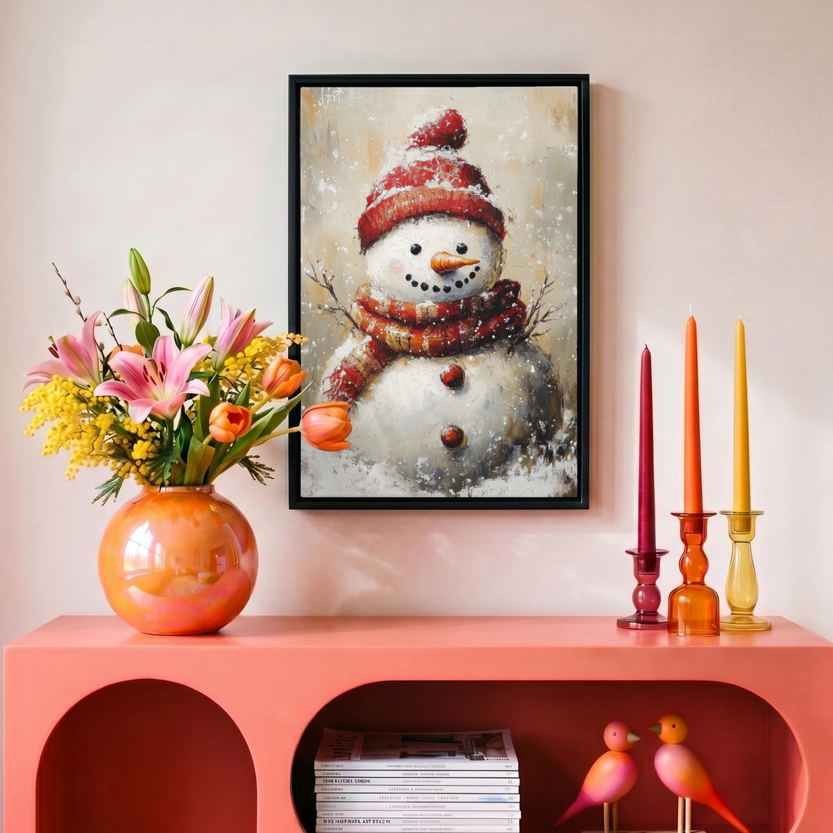 LEINWAND Bilder mit Rahmen - Schneemann - Winter - Schnee - Beige - 20x30 - Weiß, Textil (20/30cm) - MuchoWow