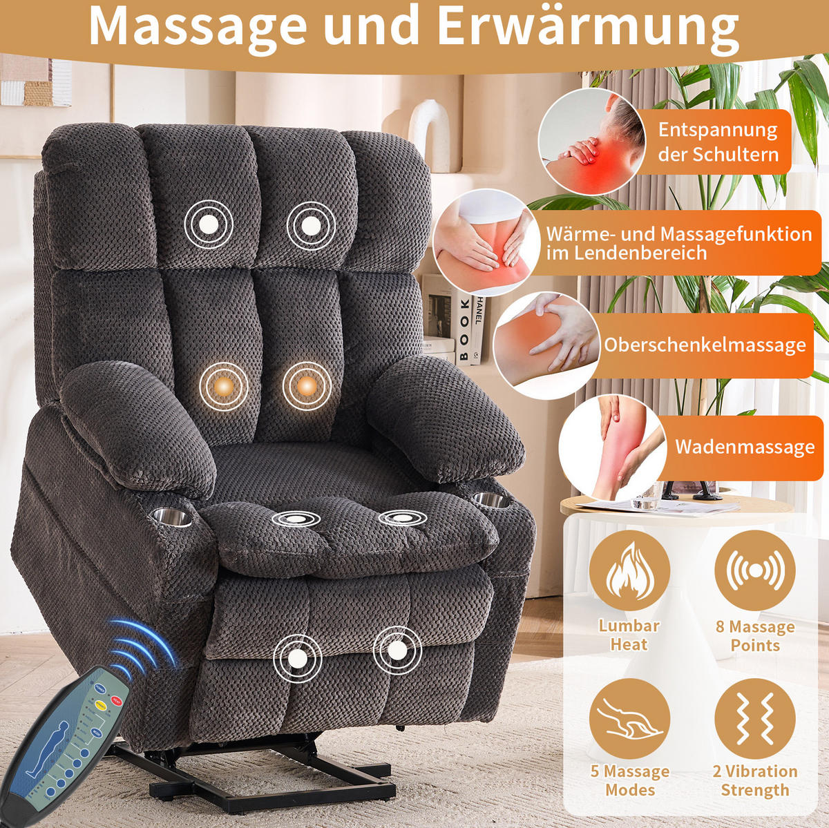 ELEKTRISCHER TV-Sessel in Grau 91x91x106,5 cm mit Aufstehhilfe, Massage- und Heizfunktion - Grau, Textil (91/106.5/91cm) - IVMEU