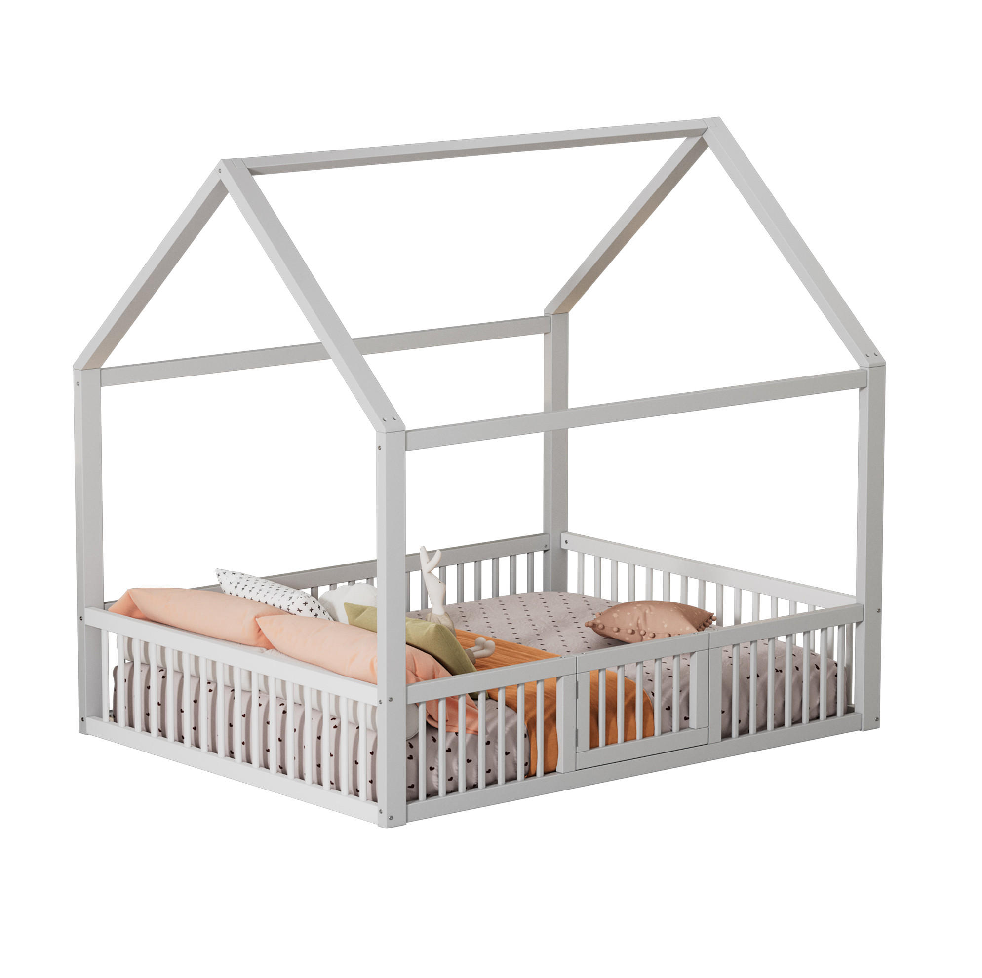 HAUSBETT 140/200 cm in Weiß – aus Kiefernholz mit Rundumgitter und Tür - Weiß, Holz (140/200cm) - BEAOK