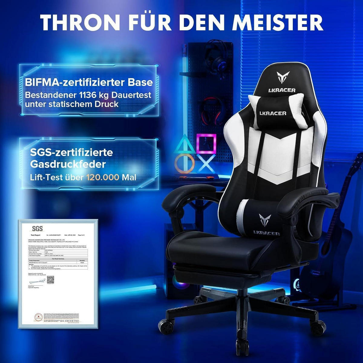 GAMING Stuhl mit Fußstütze weiß, Ergonomisch mit Lendenkissen und Kopfkissen, 150 kg Belastbarkeit - Multicolor, Kunststoff (47/132/47cm)