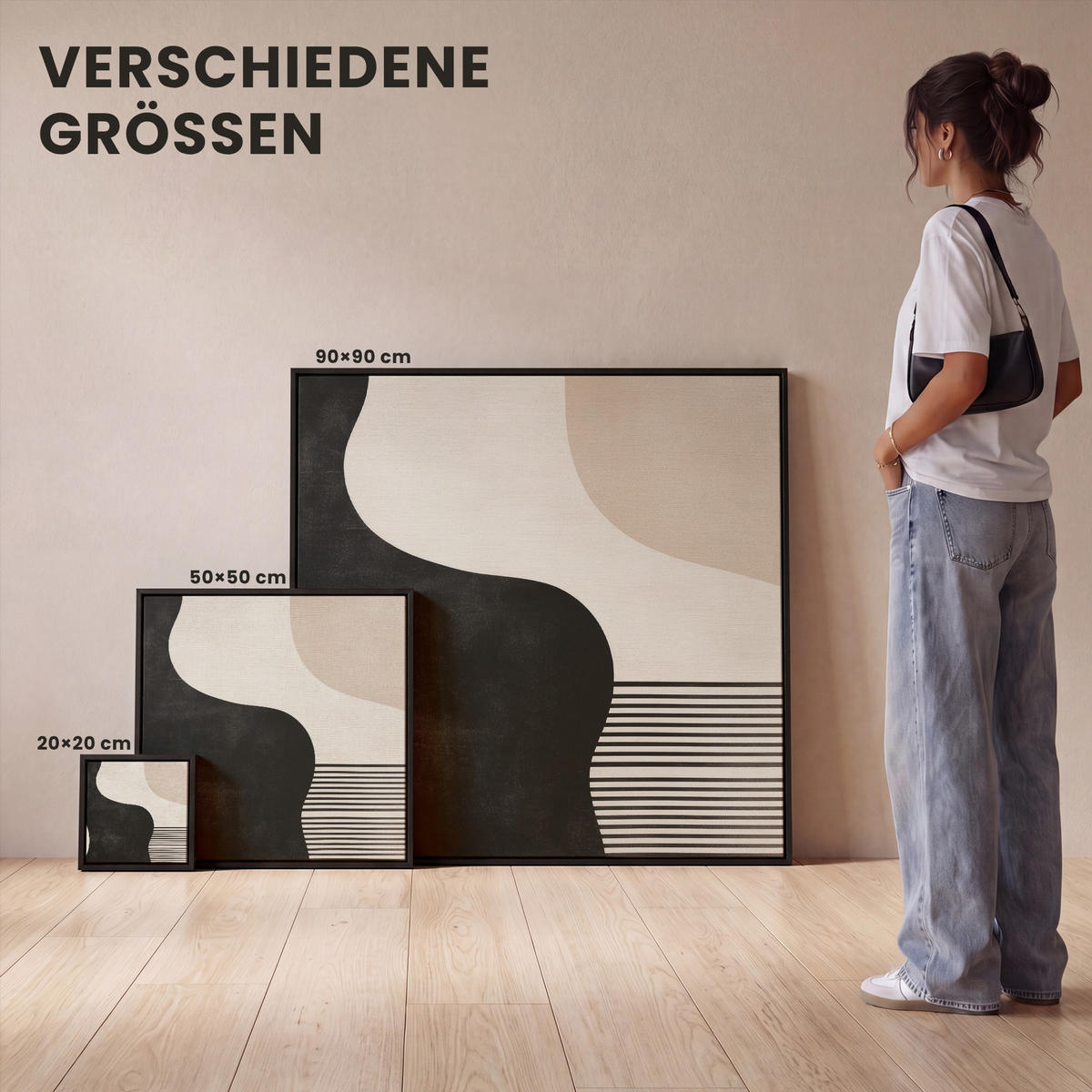 LEINWAND Bilder mit Rahmen - Abstrakt - Japandi - Beige - Modern - 20x20 - Schwarz, Textil (20/20cm) - MuchoWow