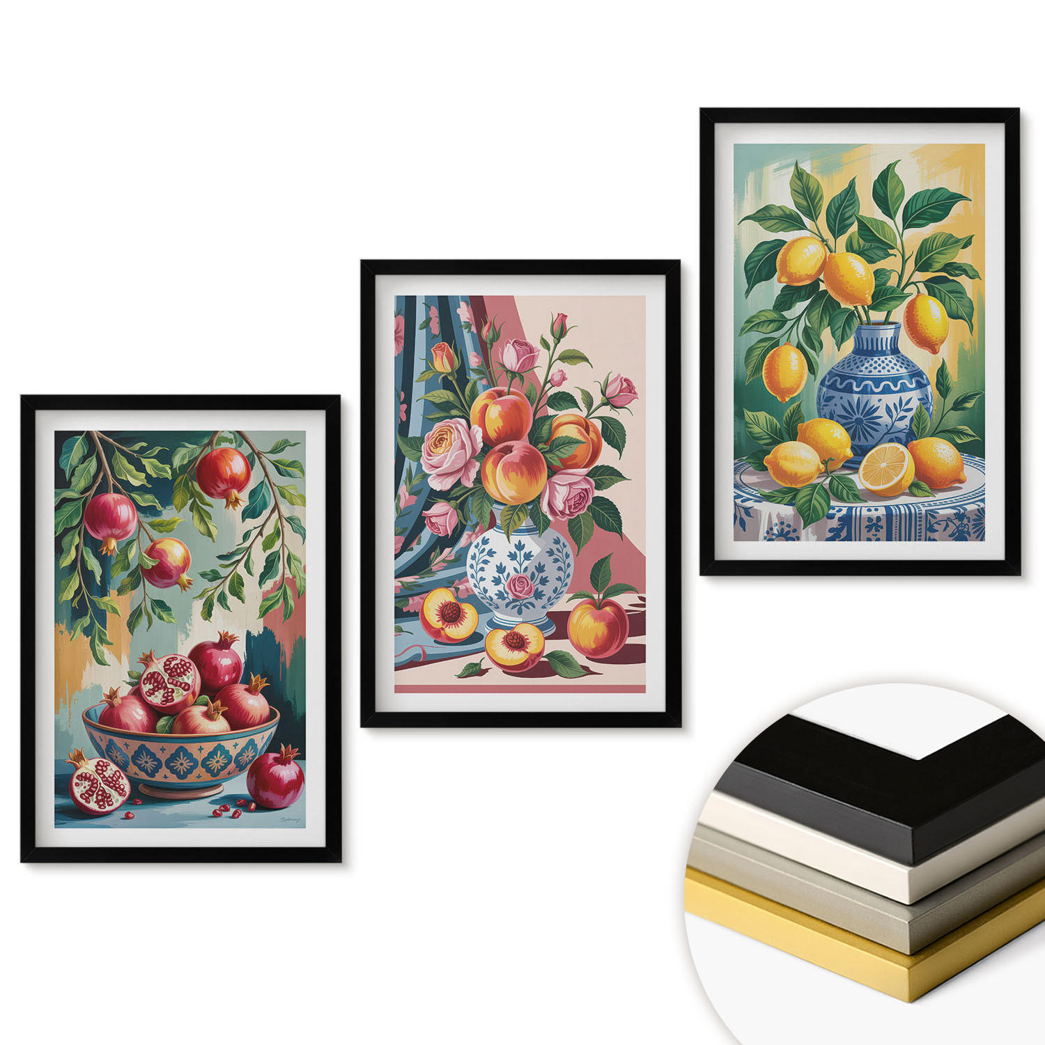 WANDBILDER 3er-Set - 40x60 cm Schwarzer Rahmen - Blumen und Früchte in Vasen - Schwarz, Kunststoff (40/60cm) - ArtPrintCave