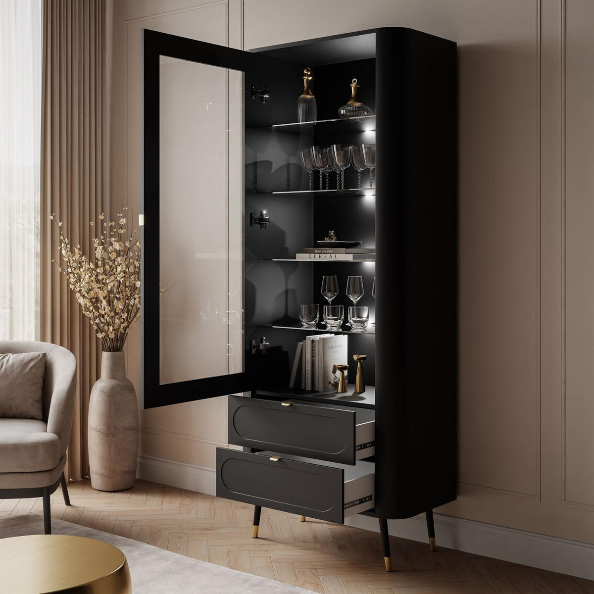 VITRINE SHADOW verglast mit Regalböden - Schwarz, Holzwerkstoff (78/192/40cm) - Lookway