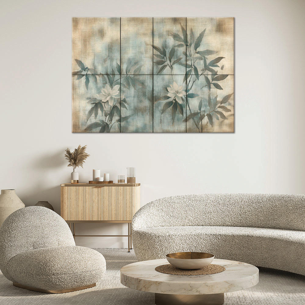 WANDBILD pflanzentriebe und blumen auf pastellfarbenem hintergrund - Beige, Textil (60/40cm) - Feeby