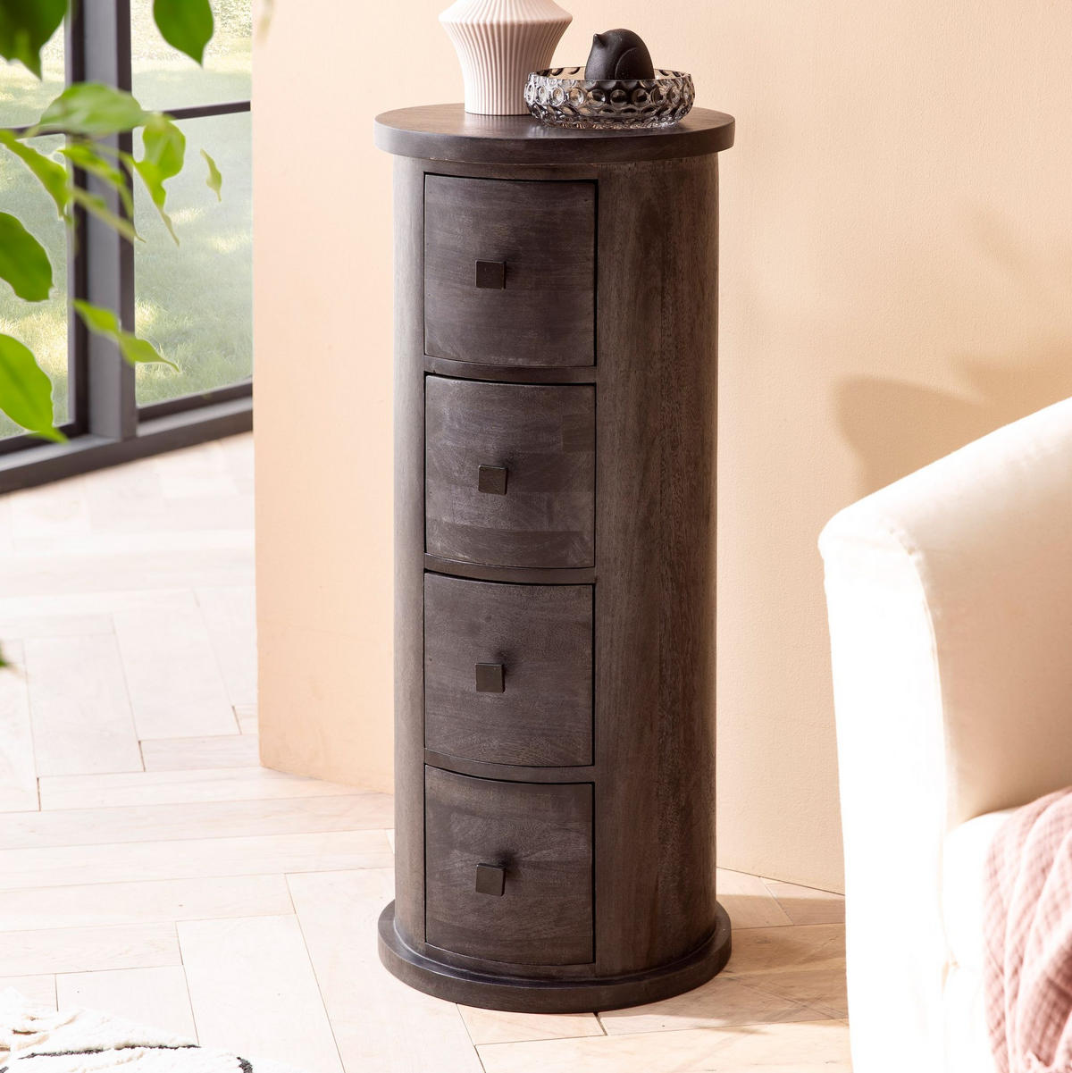KOMMODE – Mango Massivholz, 34x85x34 cm, 4 Schubladen, schmal, schwarz - Schwarz, Holz (34/85/34cm) - KADIMA DESIGN