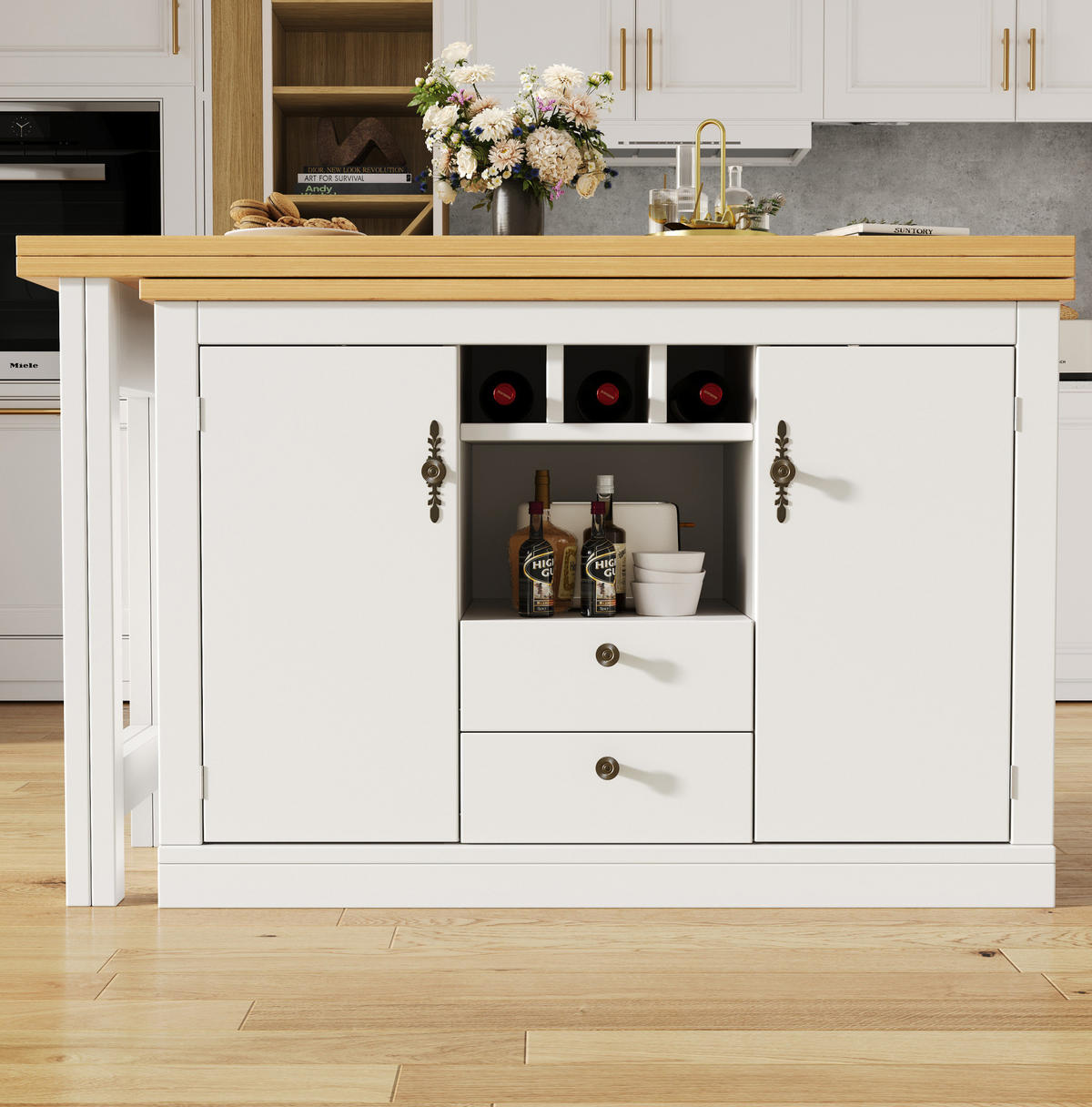 BARTISCH ausziehbar 120-180 cm MDF Natur/Weiß mit Stauraum - Weiß, Holzwerkstoff (40/76/180cm) - Meubliv