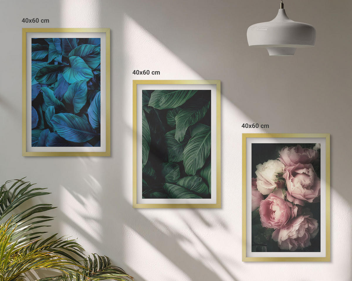 WANDBILDER 3er Set - 40x60 cm Goldrahmen - Blätter, Blüten, verschiedene Farben - Goldfarben, Kunststoff (40/60cm) - ArtPrintCave