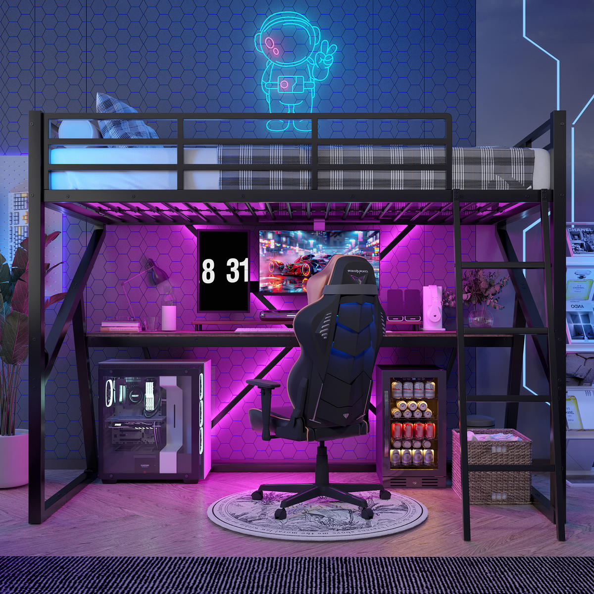 HOCHBETT 90/200 cm Schwarz mit LED-Beleuchtung und Schreibtisch aus Metall - Schwarz, Metall (90/200cm) - OKWISH