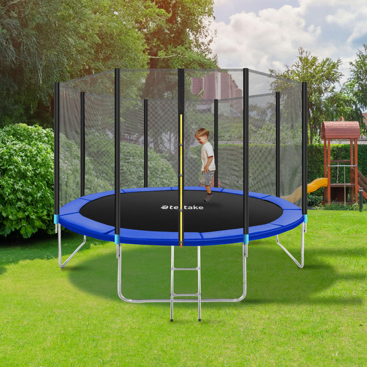 TRAMPOLIN Garfunky,inklusive Einstiegsleiter,schwarz/blau - Blau/Schwarz, Metall (366/260/366cm) - tectake
