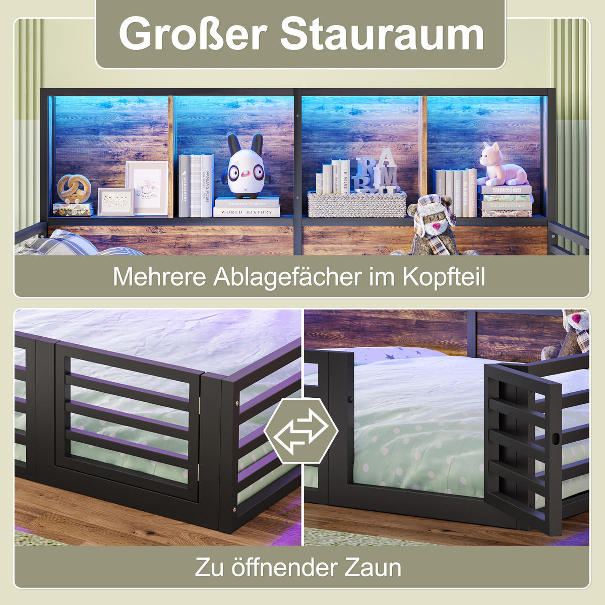 ZAUNBETT 140x200cm Schwarz Metall Daybett Bettseite Staufach - Schwarz, Holz (140/200cm) - FLIEKS