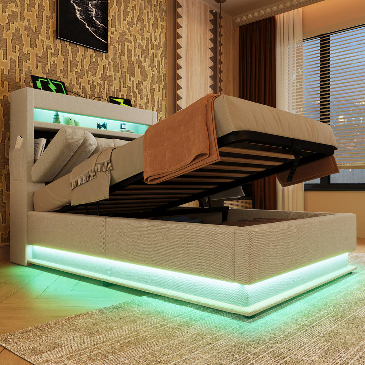 POLSTER EINZELBETT 90x200cm mit USB-C LED Beleuchtung & Hydraulik Beige - Beige, Holz (90/200cm) - FLIEKS