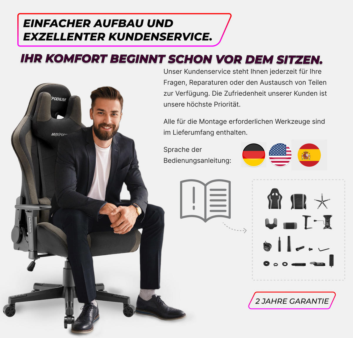 GAMING-STUHL Tactical Grau - Dunkelgrau/Grau, Textil/Metall (55/137/50cm) - MaxPodium