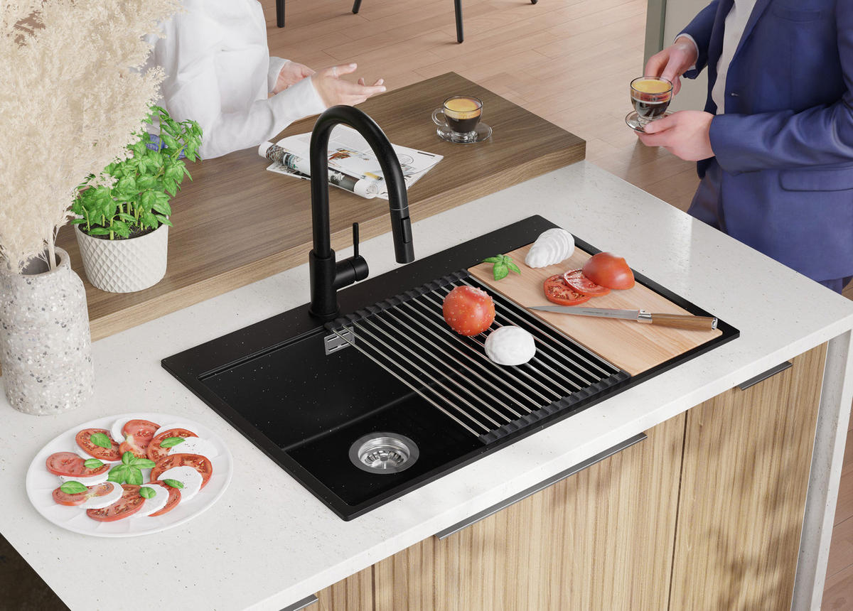 SPÜLBECKEN Oslo Duo, 2-er set Schwarz Metallic 78/50 cm 2 Becken + Ablauf-Set + Schneidebrett ab 80er Unterschrank - Chromfarben/Schwarz Hochglanz, Kunststoff (78/20/50cm) - Primagran