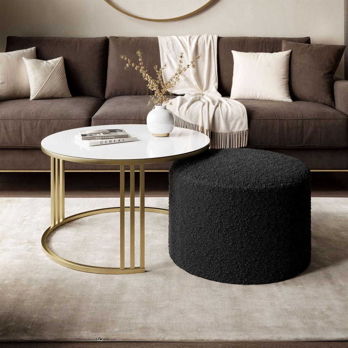 COUCHTISCH mit Hocker LORI GLASS gebürstetes Gold/weißes Glas/Coral 60 - Weiß, Metall (70/70/49cm) - Lookway
