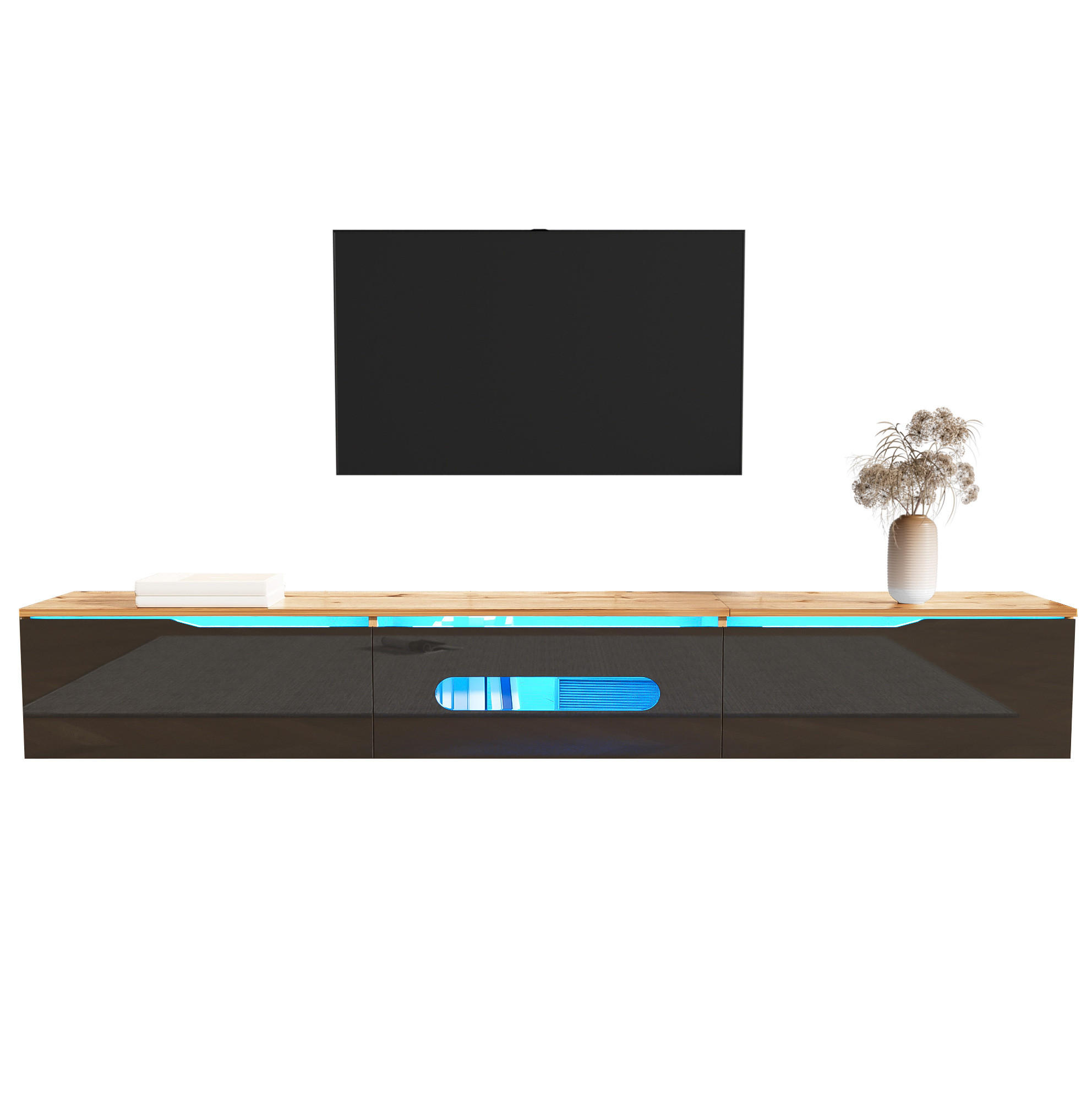TV skříňka, 180/35/30 cm, MDF a dřevotříska, černá/dekor dřeva, LED - černá, kompozitní dřevo (180/30/35cm) - BEAOK