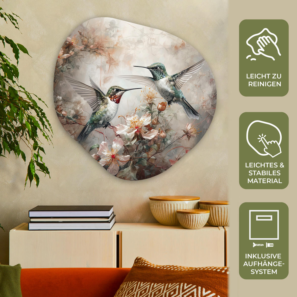 WANDBILD Kolibri - Vögel - Blumen - Pflanzen 90x90 cm - Hellgrün, Kunststoff (90/90cm) - MuchoWow