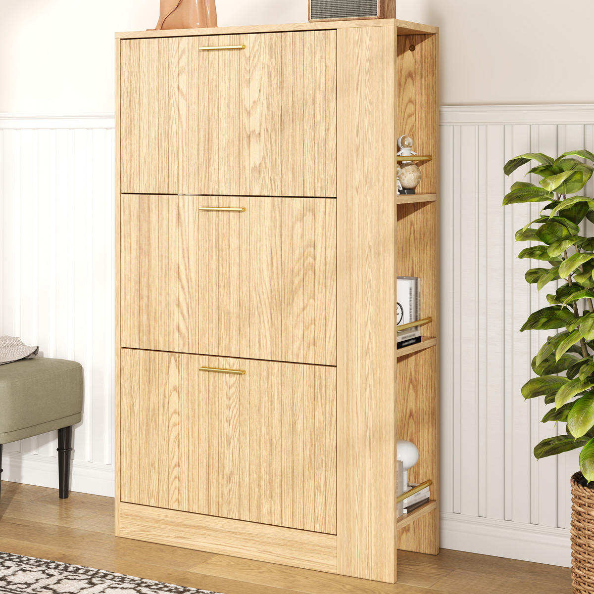SCHUHSCHRANK 70/23,5/115 cm mit 3 Türen, offenen Seitenfächern und MDF-Korpus, Natur - Naturfarben, Holzwerkstoff (70/115/23.5cm) - Redom