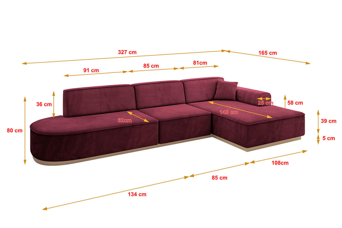 ECKSOFA Ottomane Rechts IREA-L2 - 327x165x80 cm Bordeauxrot - Bordeaux, Holzwerkstoff/Textil (327/165cm) - ALTDECOR