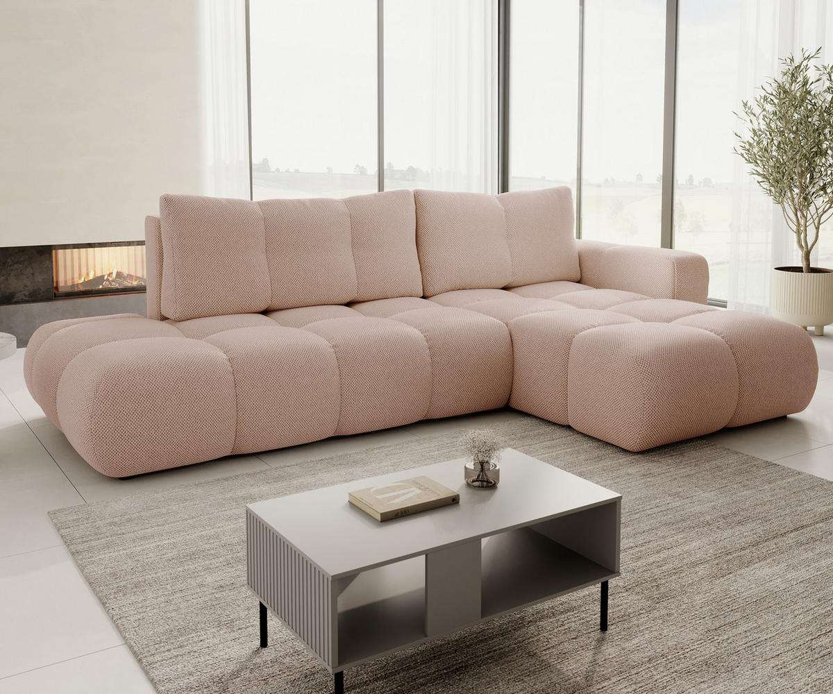 ECKSOFA L Form Hosio Hellcreme-Rosa 286/177/88 cm Rechts mit Schlaffunktion - Pink/Schwarz, Kunststoff/Textil (286/177cm) - AX Living