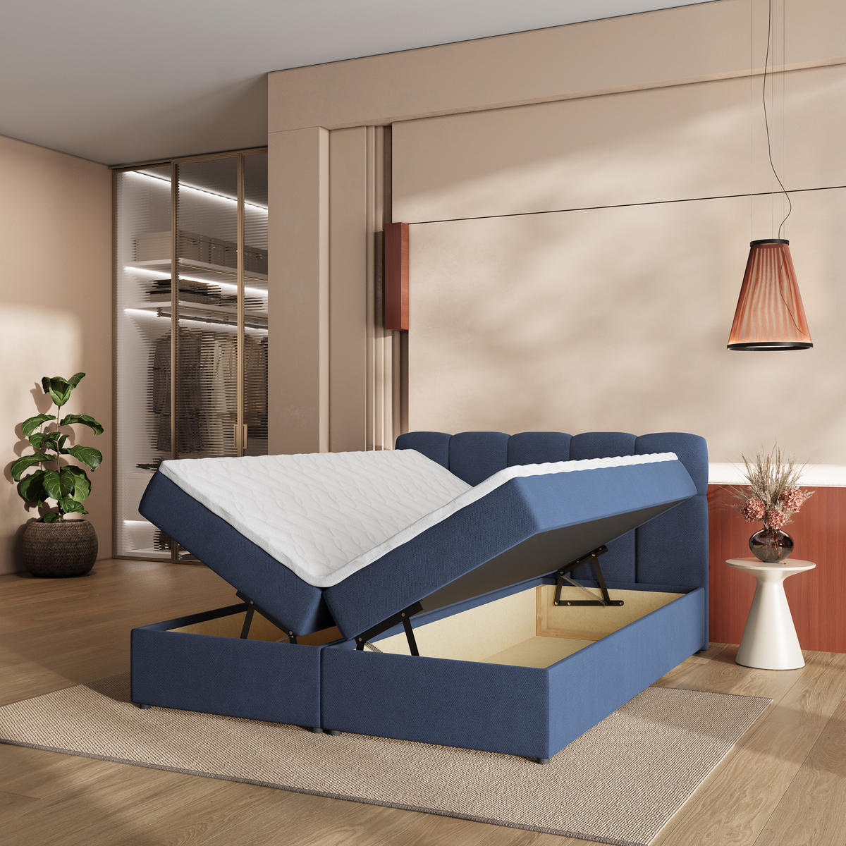 BOXBETT MERU 140x200 cm mit Matratze und Topper - Blau - Blau, Holz (140/200cm) - MASSENO