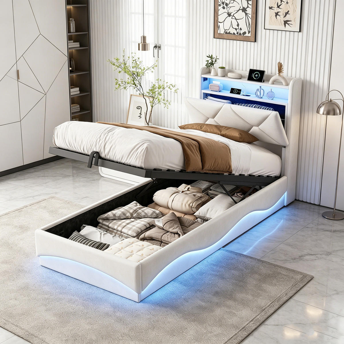 POLSTERBETT 90 x 200, Einzelbett mit Bettkasten und Lattenrost, LED, USB, Samt, beige - Beige, Holzwerkstoff/Textil (90/200cm) - GENKI LIVING