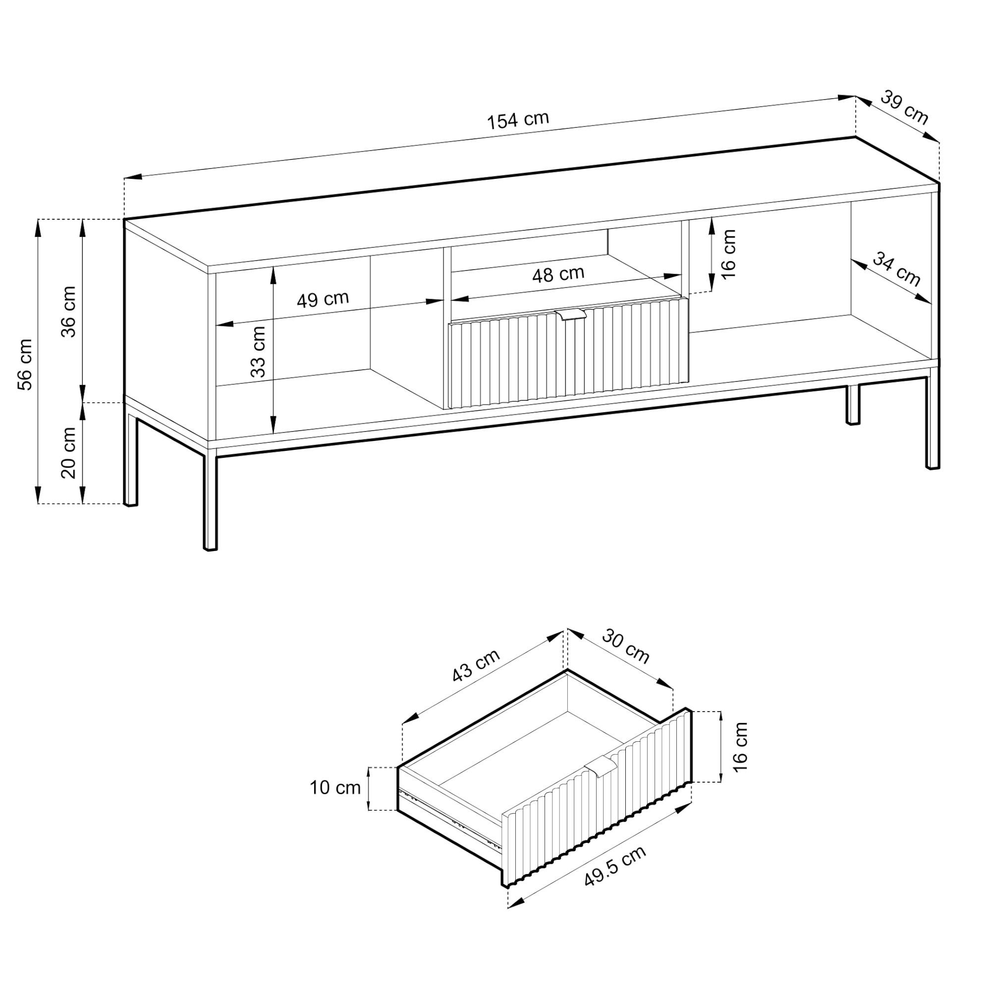 Thumbnail - Komodee Lowboard, Weiß, Kunststoff, 1 Fächer, 1 Schubladen, 154x56x39 cm, Wohnzimmer, Wohnwände, Lowboards, Lowboards st...