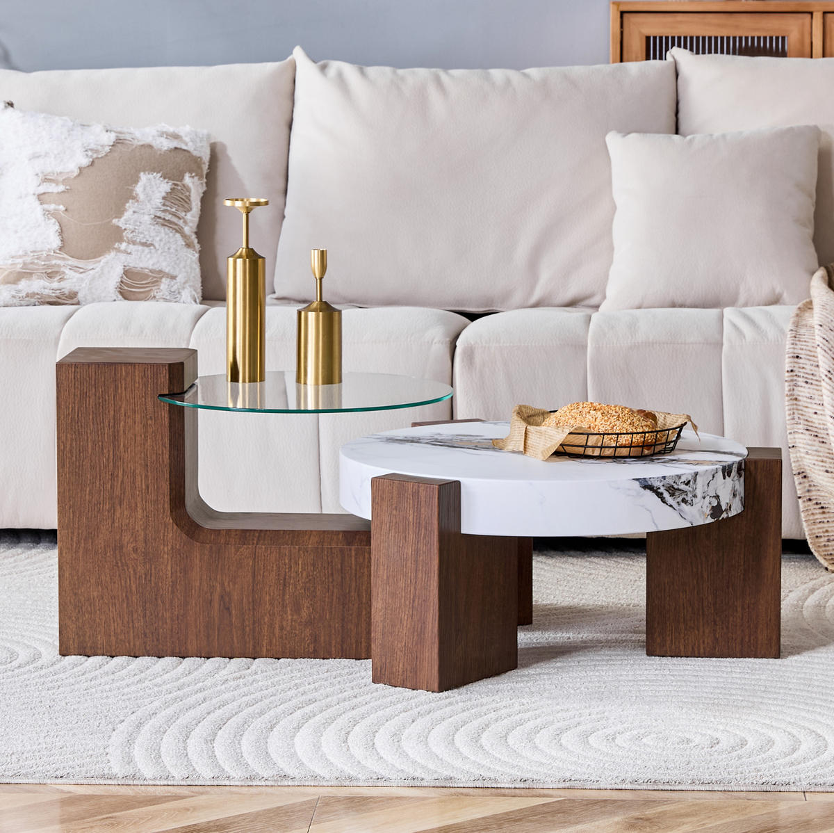 COUCHTISCH rund 61/44 cm in Nussbaumoptik/Weiß aus MDF und Sicherheitsglas mit Stauraum - Nussbaumfarben, Holzwerkstoff (61/61/30cm) - OKMYHOME