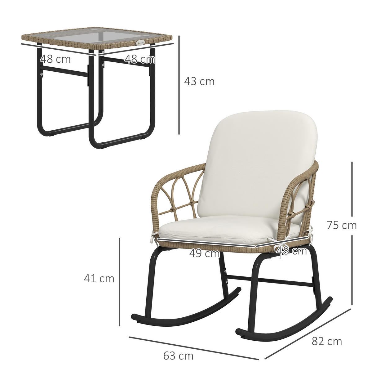 GARTENMÖBEL-SET 82/63/75 cm mit Schaukelstühlen, Tisch und PE-Rattan, Gelb - Beige, Metall - Redom