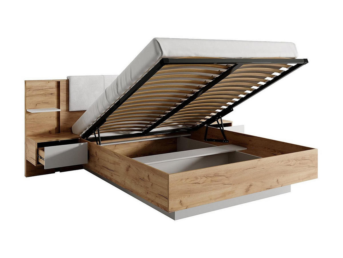BETT mit Bettkasten - 2 Personen - Stoff, Holz, Platte - Anthrazitgrau, Naturfarben Hell - - Anthrazit/Naturfarben, Holz/Holzwerkstoff (160/200cm) - Vente-Unique