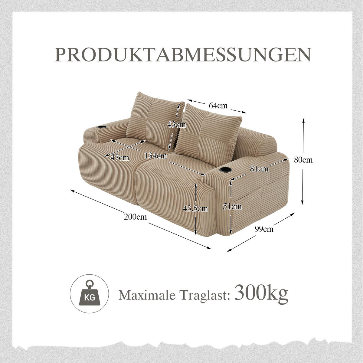 2-SITZER Sofa Cord mit Getränkehalter und Seitentasche 200/99/80 cm Sandfarben - Sandfarben, Textil (99/80/200cm) - Redom