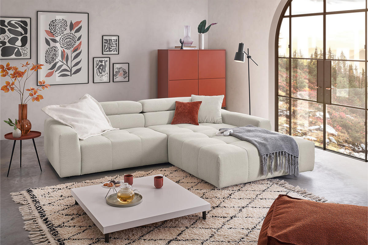 ECKSOFA RENO Silber Cord - Silberfarben/Schwarz, Kunststoff/Textil (258/217cm) - KAWOLA