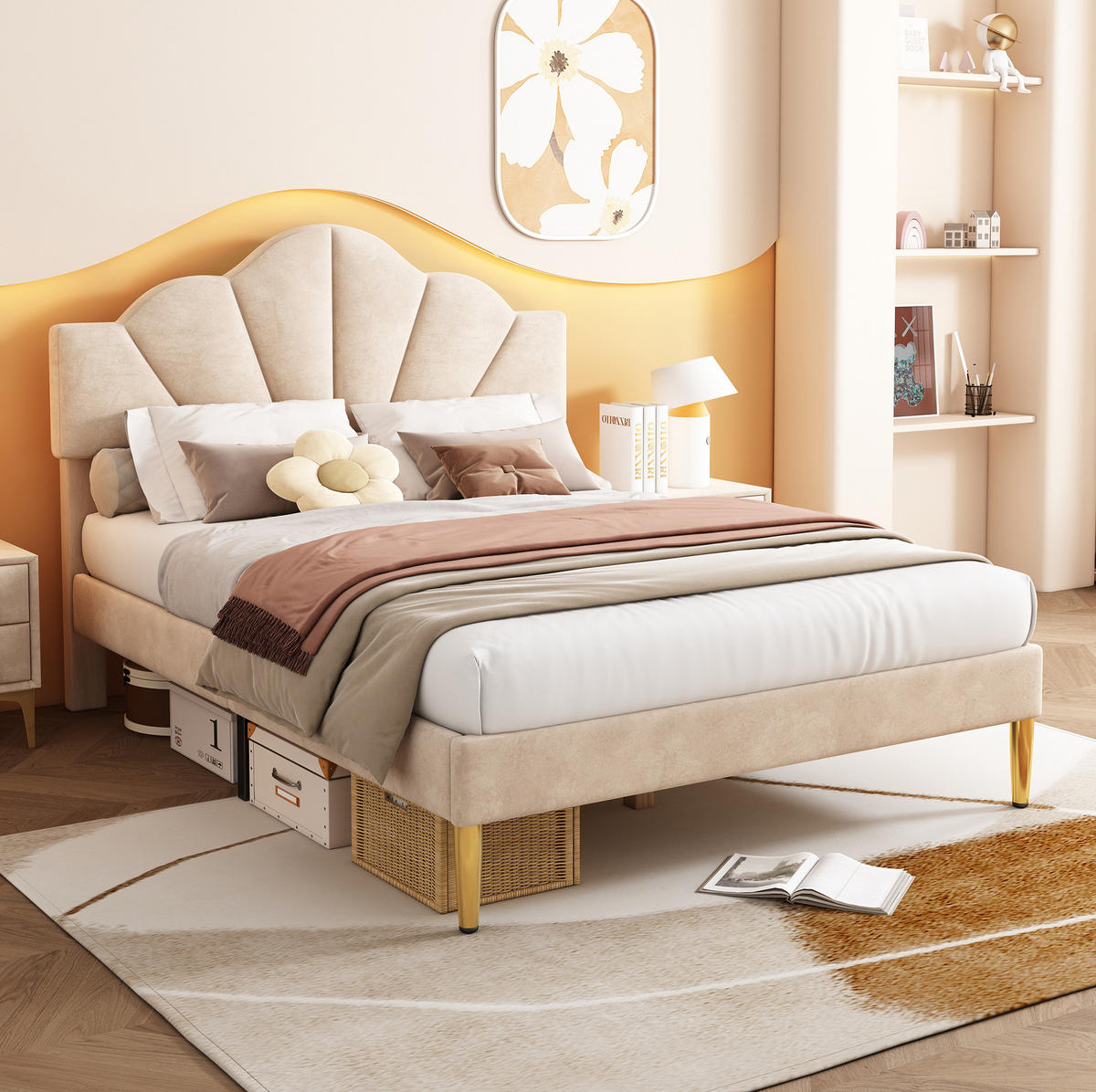 SAMT-POLSTERBETT 140/200 cm in Beige mit verstellbarem Kopfteil - Beige, Textil (140/200cm) - BEAOK