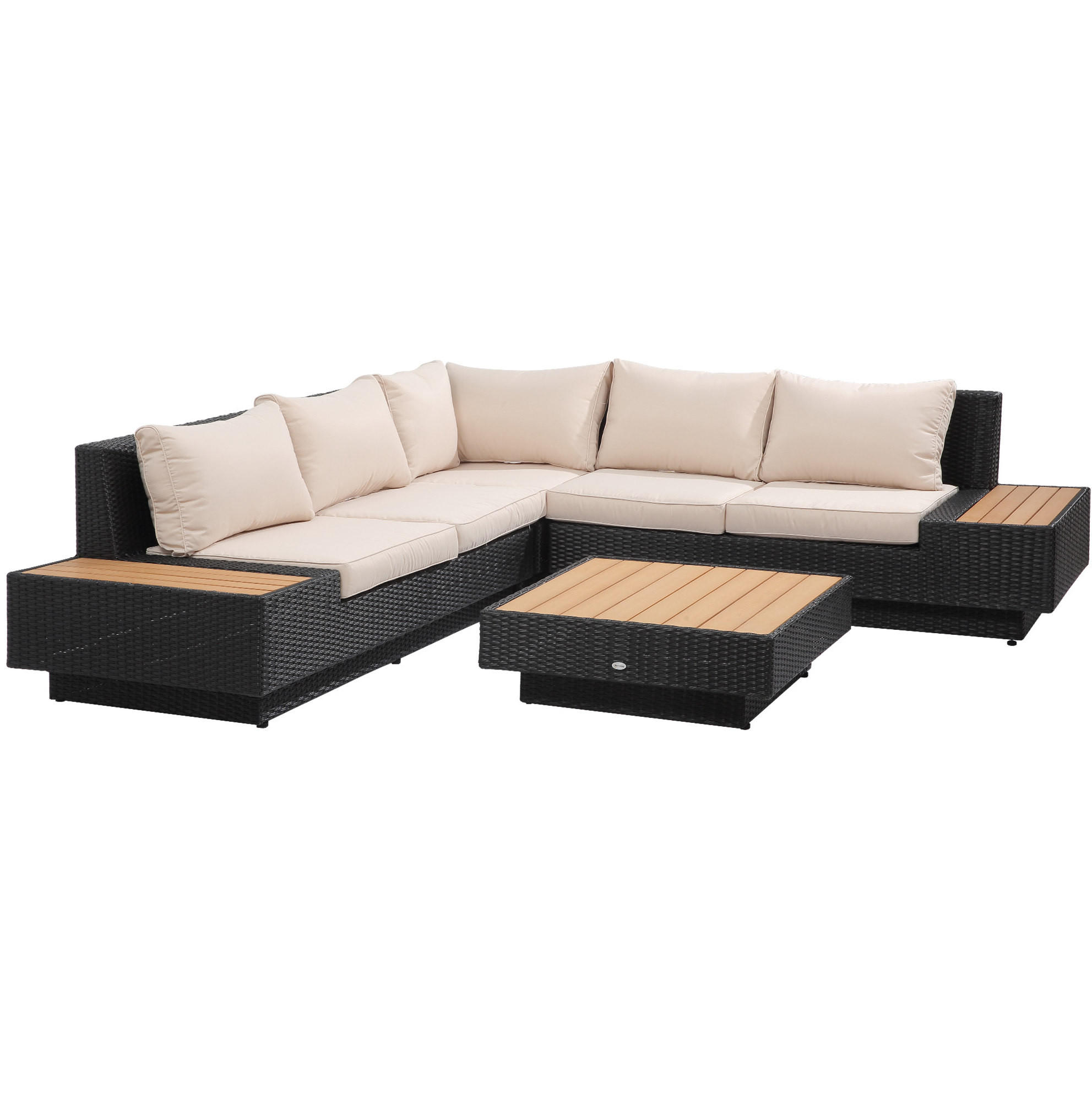 GARTEN-LOUNGE-SET 165/84/73 cm mit Ablagen, Beistelltisch und Sitzkissen aus Polyester, Schwarz - Schwarz, Kunststoff - Redom