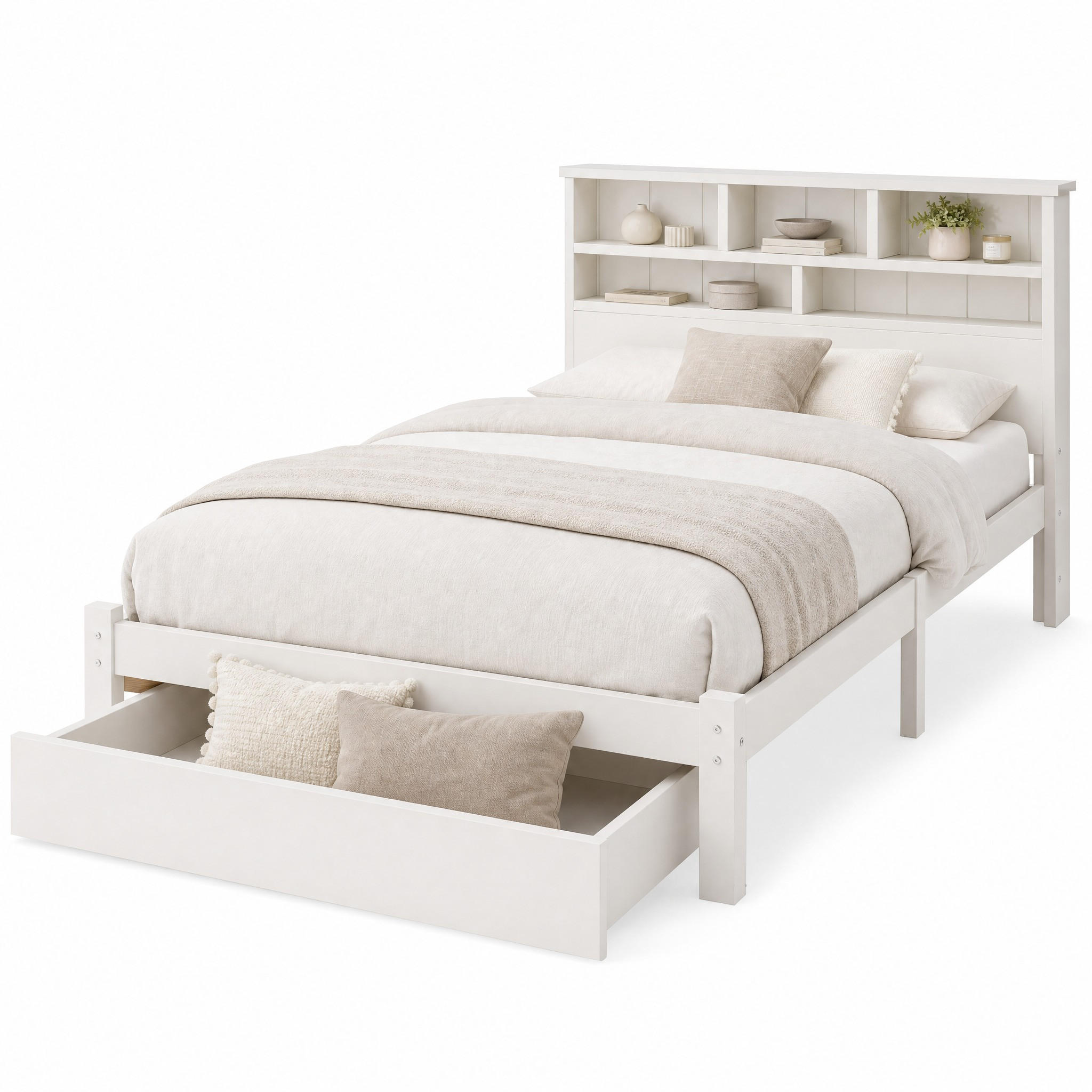 JUGENDBETT 90/200 mit Bücherregal und Schubladen in Weiß - Beige, Holzwerkstoff (90/200cm) - EVRYAE
