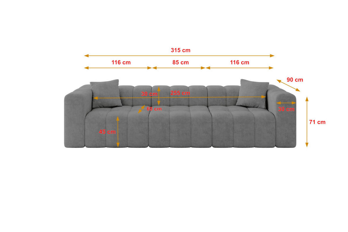 POHOVKA 3-MÍSTNÁ DONY-3 315x90x71 cm Šedá Velur - šedá/černá, kompozitní dřevo/textil (315/71/90cm) - ALTDECOR