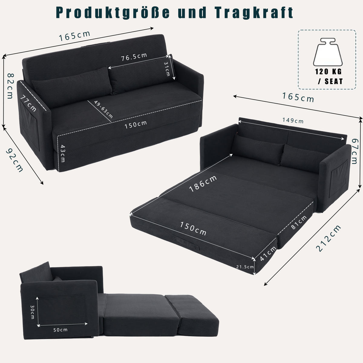 2-SITZER SCHLAFSOFA Cord Schwarz mit 2 Lendenkissen und Magazintaschen - Schwarz, Holzwerkstoff/Textil (165/67/212cm) - WISHDOR