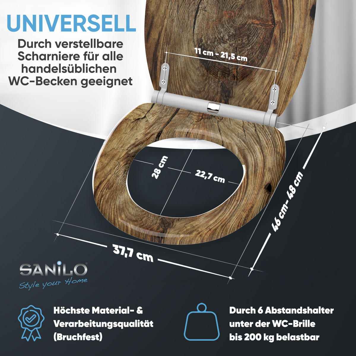 WC-SITZ mit Absenkautomatik & Top Fix Rustikal - Braun, Holzwerkstoff (37.7/5.5/48cm) - Sanilo