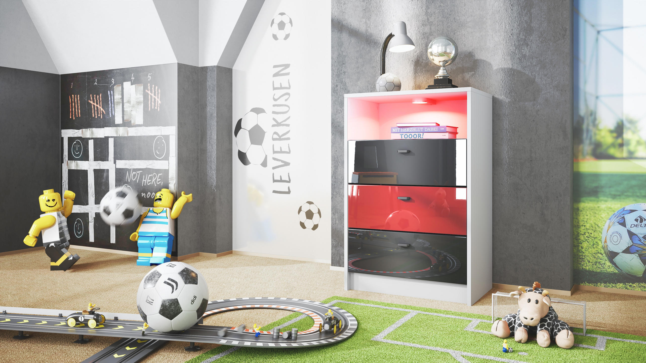 KOMMODE Pino Fronten Schwarz, Rot & Schwarz - Weiß, Holzwerkstoff (56/86/36cm) - Vladon