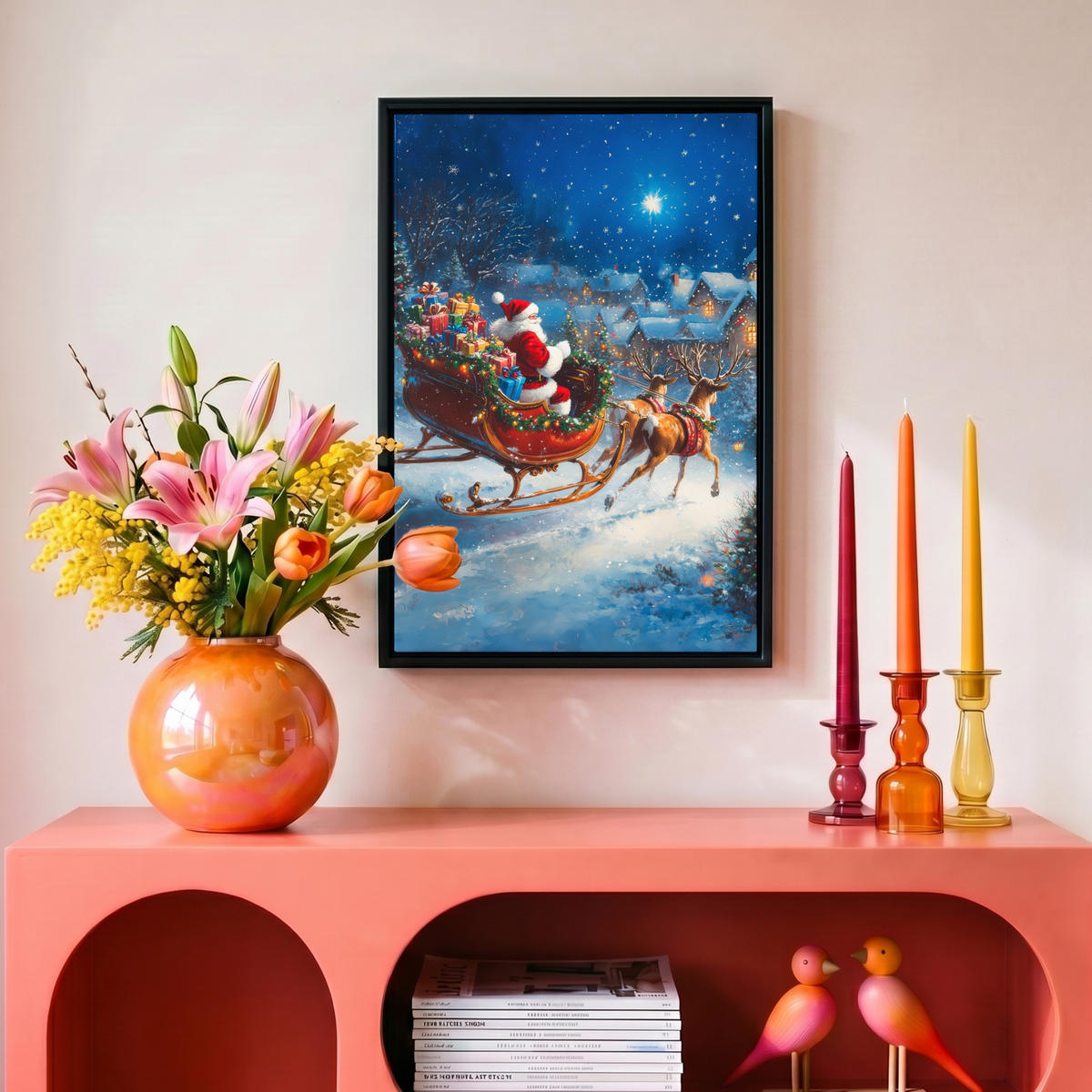 LEINWAND Bilder mit Rahmen - Weihnachtsmann - Rentier - Weihnachten - Schnee - 20x30 - Cognac, Textil (20/30cm) - MuchoWow