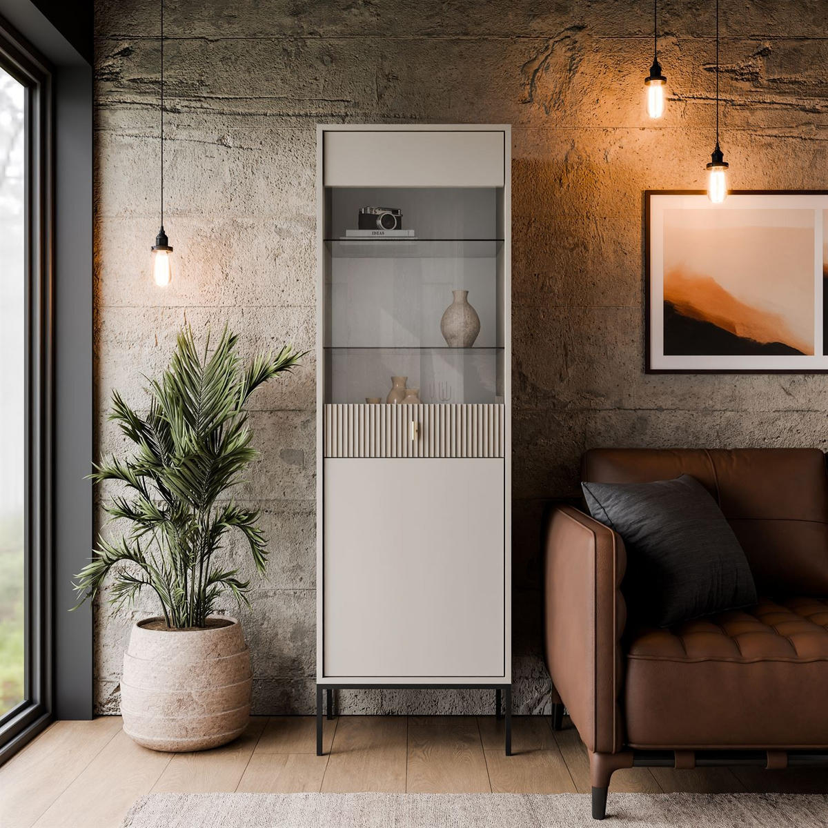 VITRINE MIDNIGHT mit Glastür auf Gestell kaschmir - Kaschmir/Schwarz, Holzwerkstoff (54/175/39cm) - Lookway