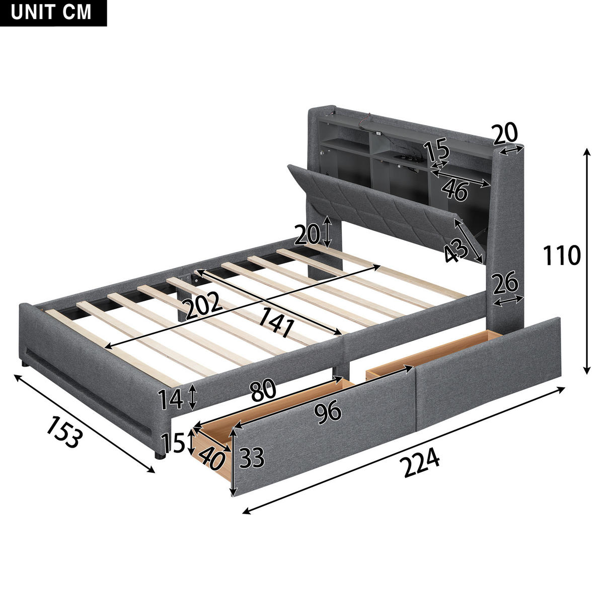 POLNJENA postelja iz lanu in MDF 140x200 cm siva z LED osvetlitvijo, USB priključkom, predali in prostorom za shranjevanje - siva, tekstil (140/200cm) - Modfu