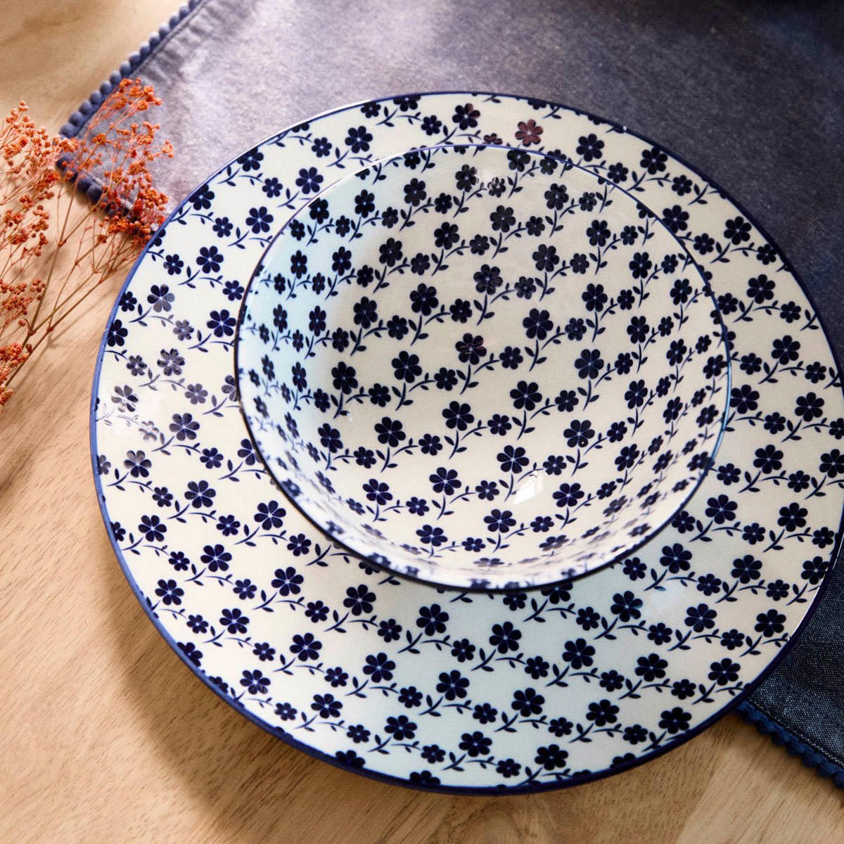 SCHALENSET Navia dunkelblau geblümt 15 cm 6er-Set - Dunkelblau, Keramik (15cm) - Homla