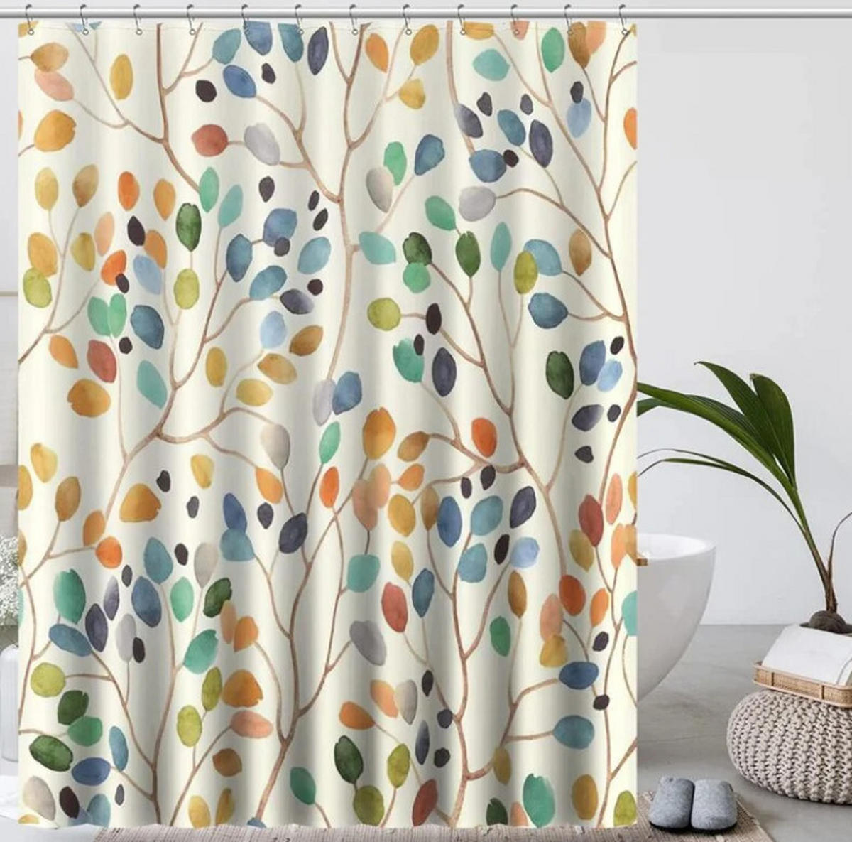 DUSCHVORHANG Beige botanisch bunt Muster schimmelresistent mit Haken - Weiß, Textil (180/180cm) - MCBOSON