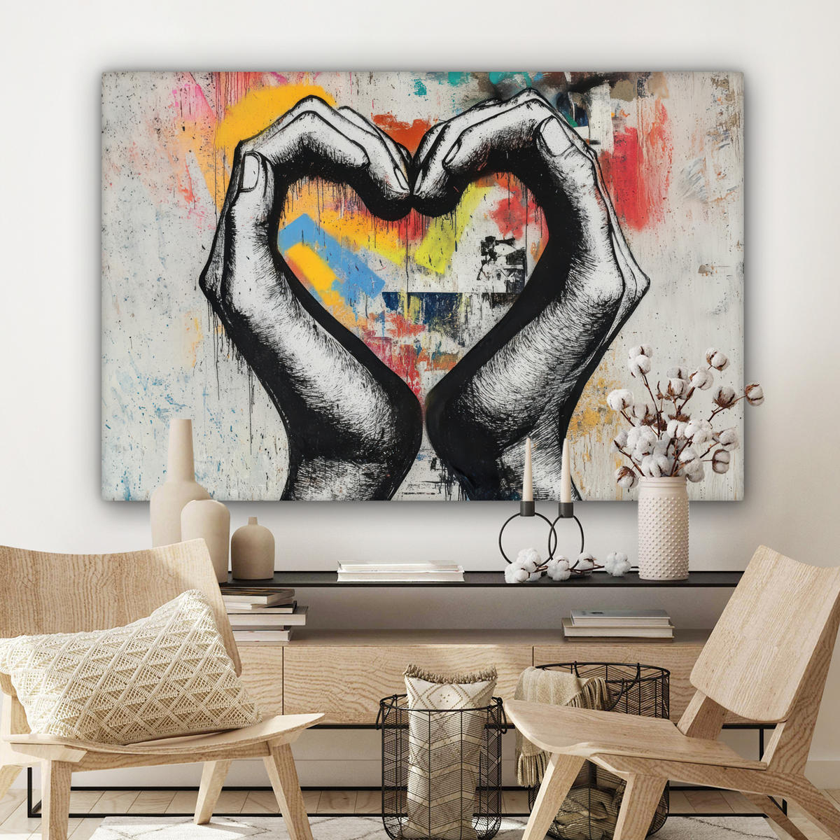 OBRAZ NA PLÁTNE Ruky - Srdce - Street art - Graffiti 150x100 cm - viacfarebná, textil (150/100cm) - MuchoWow
