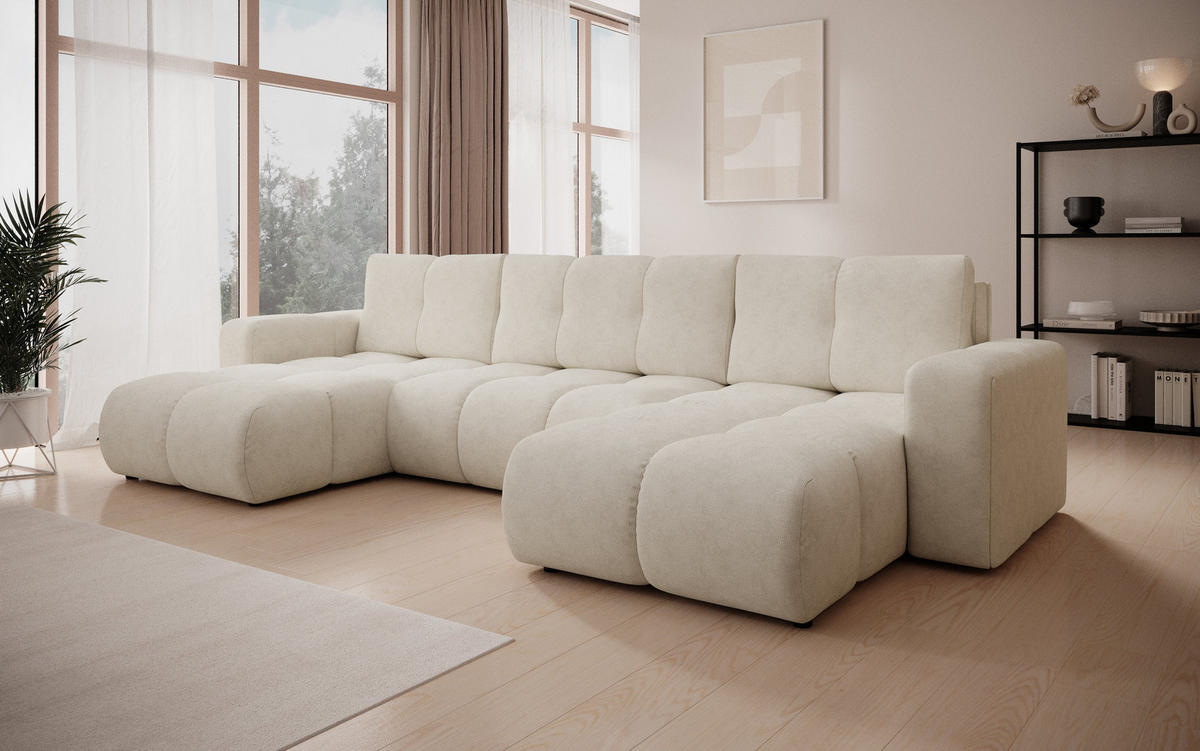 WOHNLANDSCHAFT DUCA U Beige Jersey mit Schlaffunktion - Beige, Holz (359/88/177cm) - MASSENO