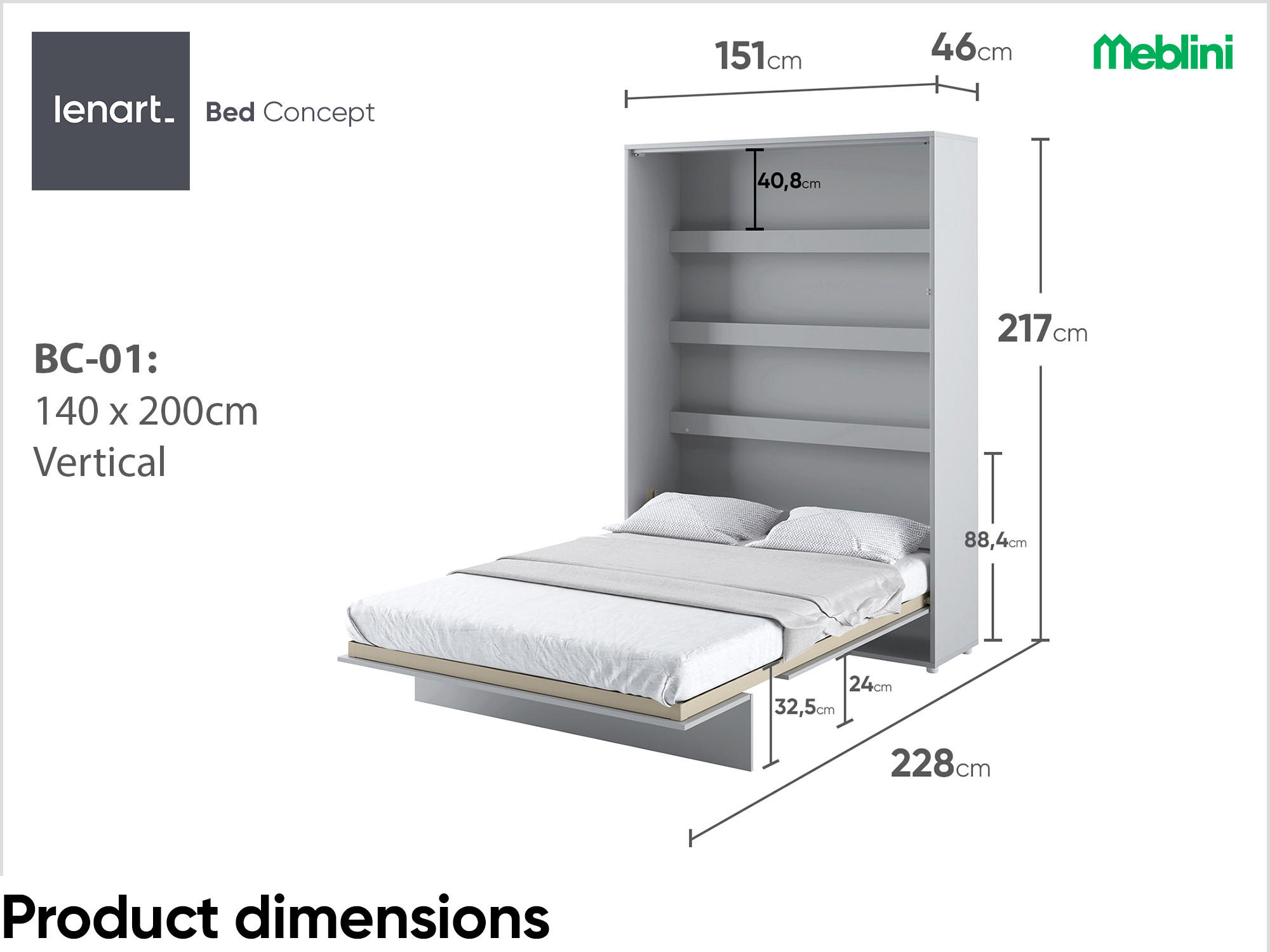 SCHRANKBETT BC-01 - 140x200cm Vertikal - Grau Matt mit Matratze - Grau, Holzwerkstoff (140/200cm) - Meblini