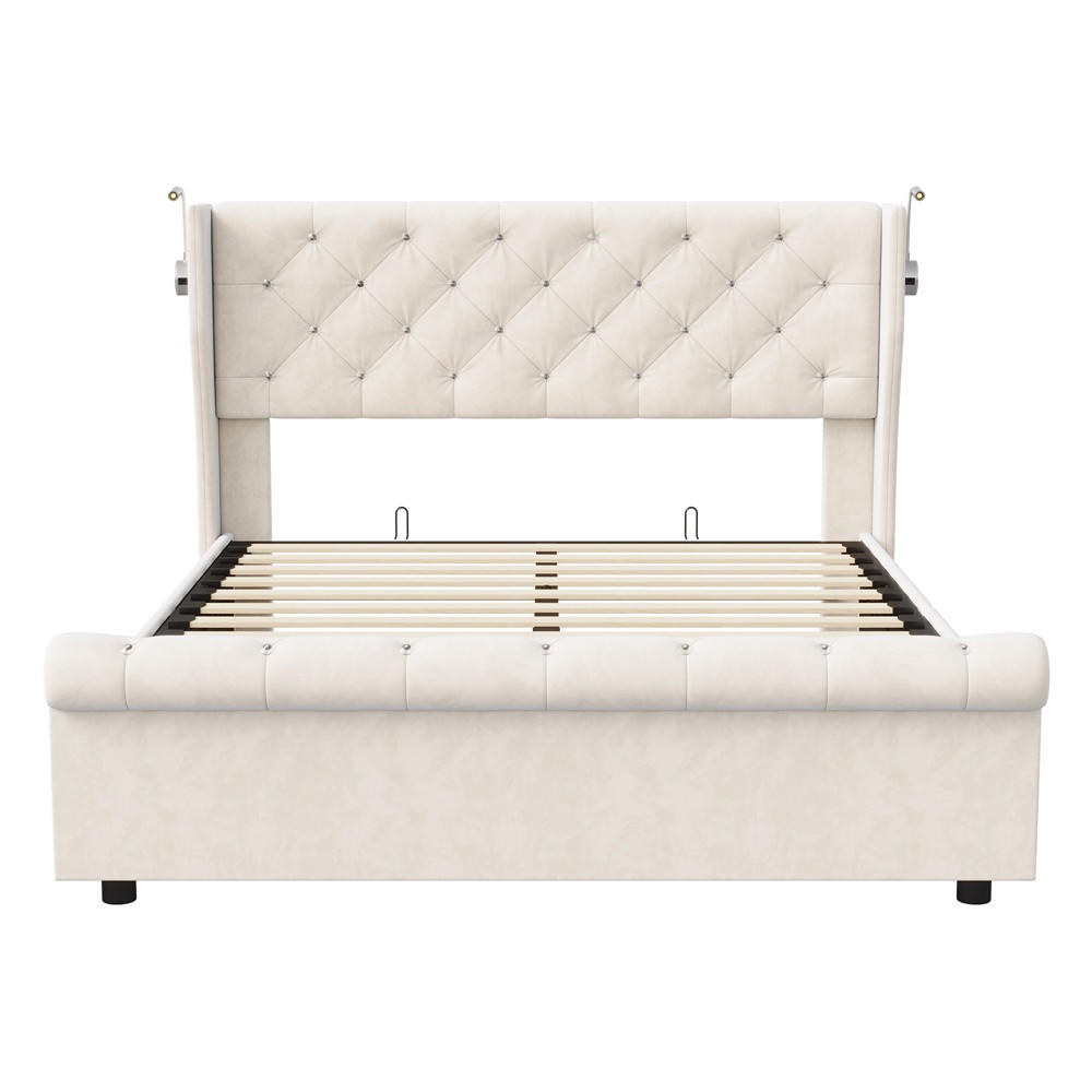 POLSTERBETT 160x200 cm mit verstellbaren Leseleuchten - USB-Anschluss und hydraulischem Stauraum - ohne Matratze - Beige, Textil (160/200cm) - DELFA